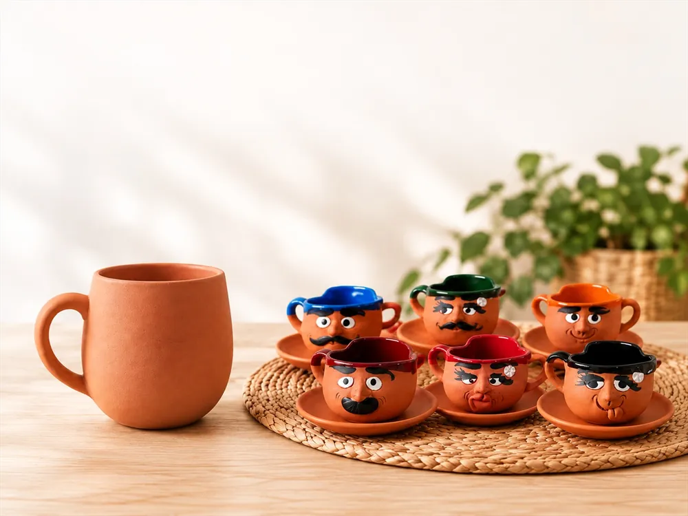 Hasır altlık üzerinde toprak kupa ve emoji yüzlü kahve fincanları