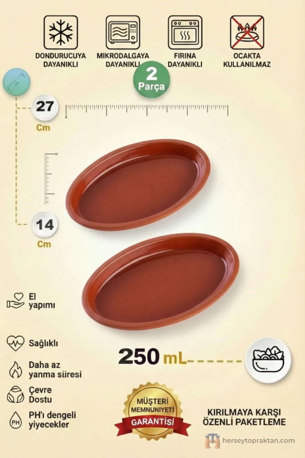 Toprak Güveç Tava Kremit Içi Doğal Sırlı (27x12 Cm) Oval Kayık Sunum Seti (2 Li Set)