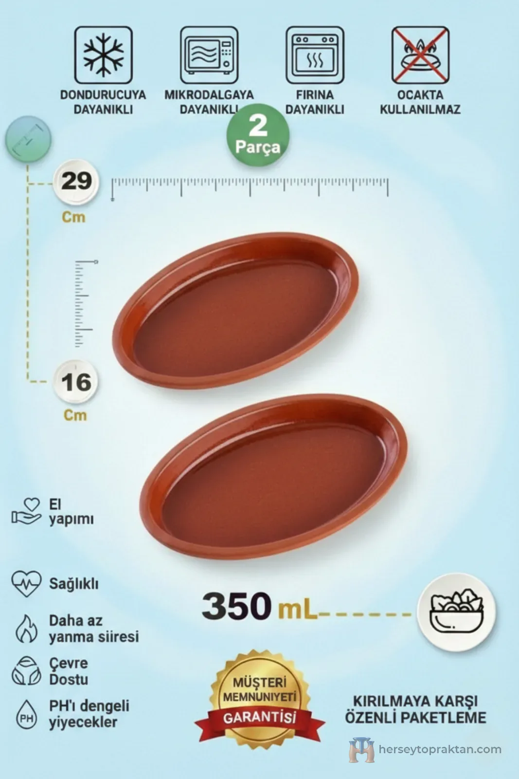 Büyük Toprak Balık Güveç Tava Kremit - Içi Doğal Sırlı (29x16 Cm) Oval Kayık Sunum Seti (2 Li Set)