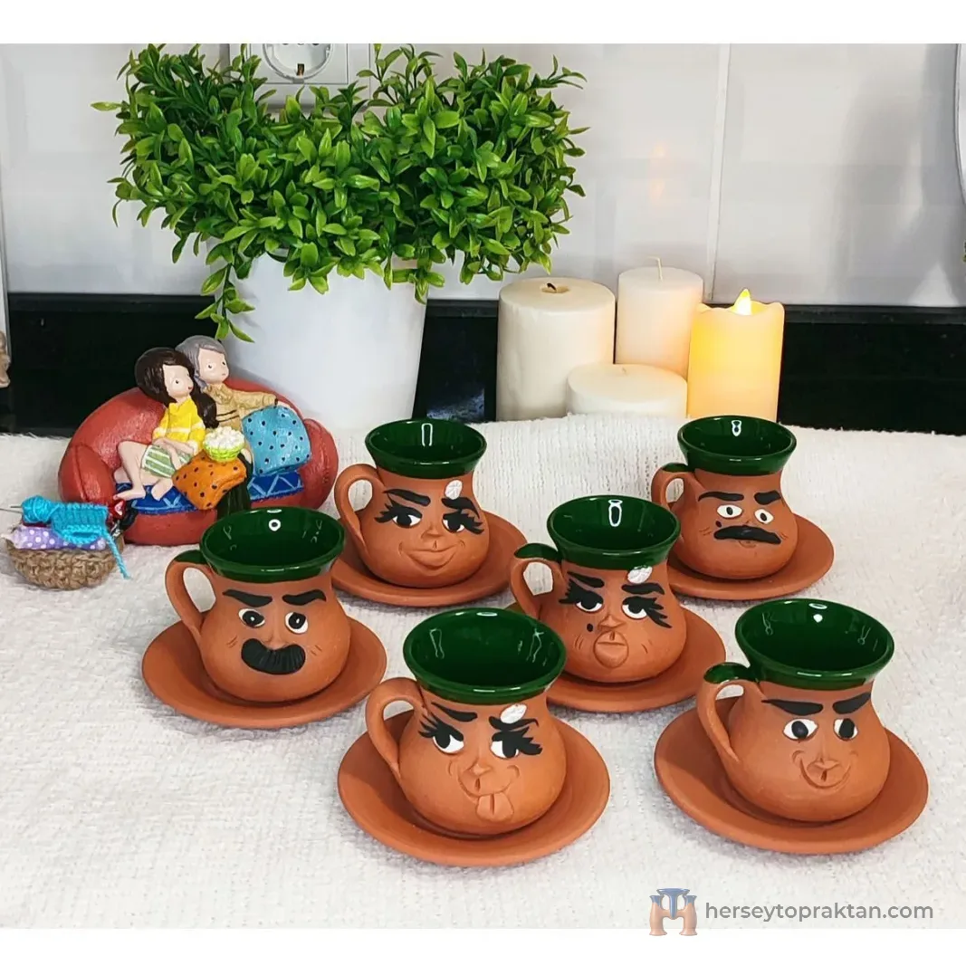 Toprak El Yapımı Emoji Ifadeli Kahve Fincan Takımı Yeşil Klasik Model