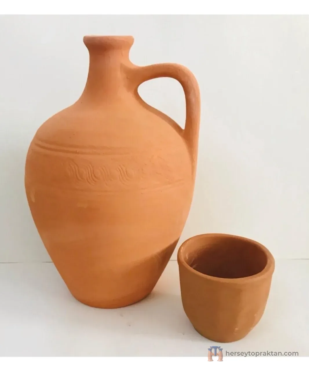 Toprak Testi Sırsız Bardaklı Büyük Boy 30 Cm Terleyen Testi