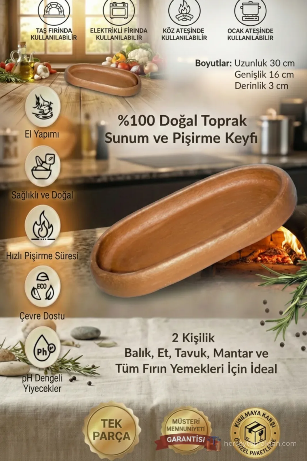 %100 Doğal El Yapımı Toprak Güveç Kiremit Oval Kayık Sunum Tabağı 2 Kişilik (30x16 cm) (1 Adet)