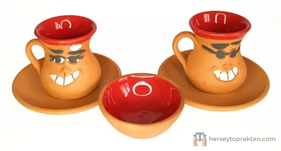 Emojili 3 Lü Toprak Fincan Takımı (el Yapımı )