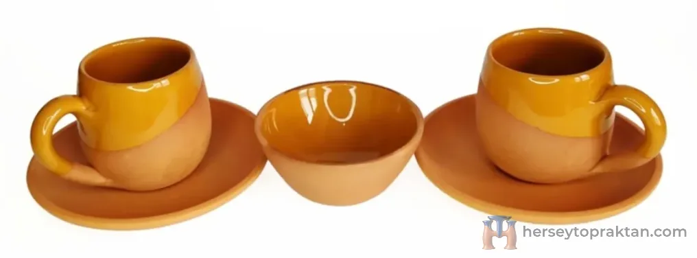 Toprak Fincan 3'lü Takım (El Yapımı) Hardal Sarı