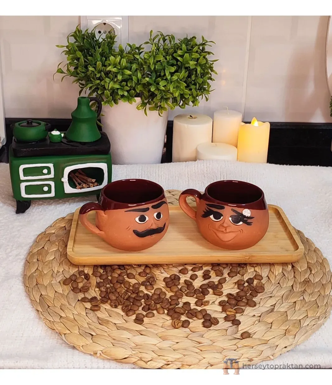 El Yapımı Emoji İfadeli Toprak Kupa & Bardak 2 Li