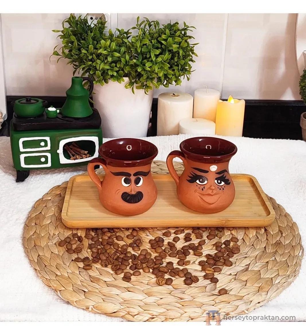 El Yapımı Emoji İfadeli Toprak Kupa & Bardak 2 Li