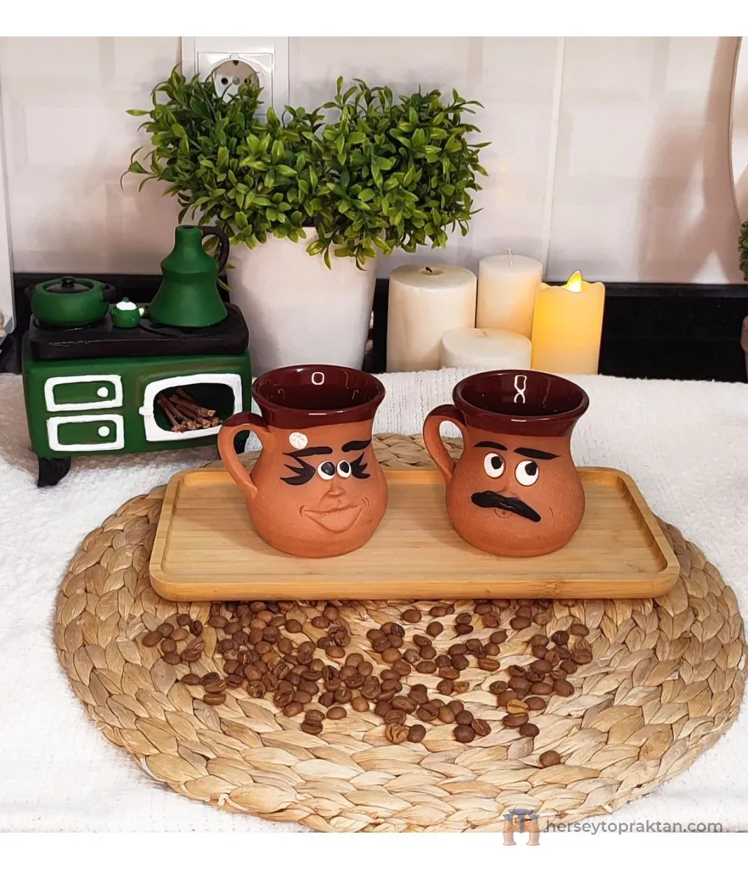 El Yapımı Emoji İfadeli Toprak Kupa & Bardak 2 Li