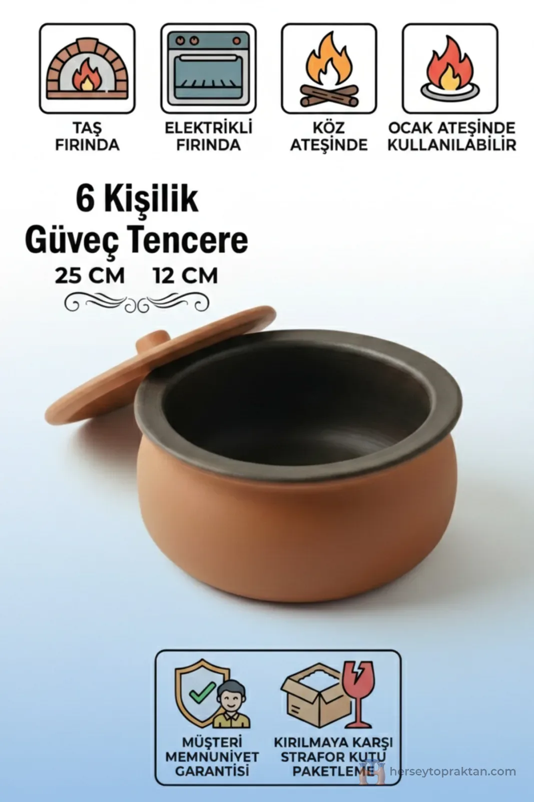 Toprak Güveç Orta Boy 6 Kişilik Güveç Kapağı Hediyeli
