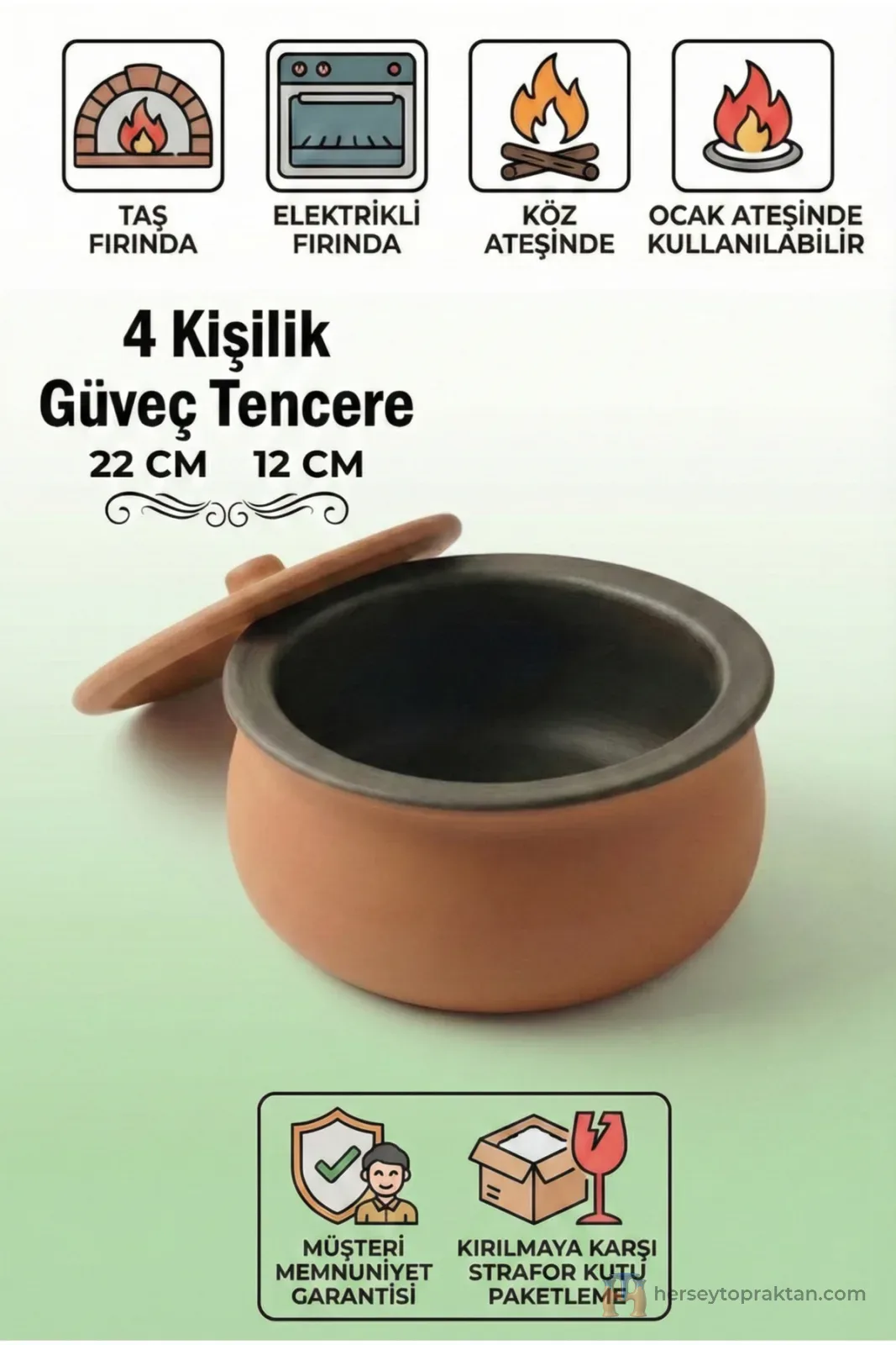 Toprak Güveç Küçük Boy 3-4 Kişilik Güveç Kapağı Hediyeli